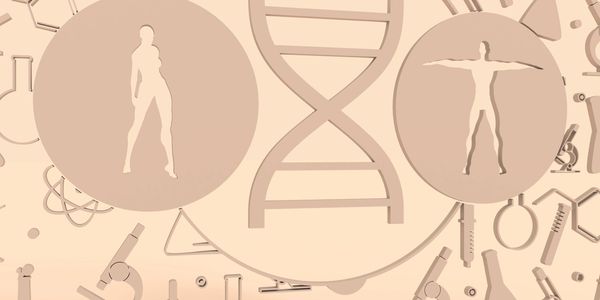 Human silhouettes and DNA strand with scientific icons.