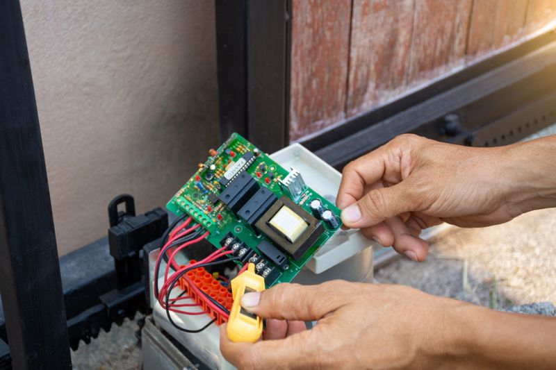 Technician man hand using screwdriver tester to measure and test electrical current voltage and checking the functional of motor gear of the automatic door. Maintenance concept.