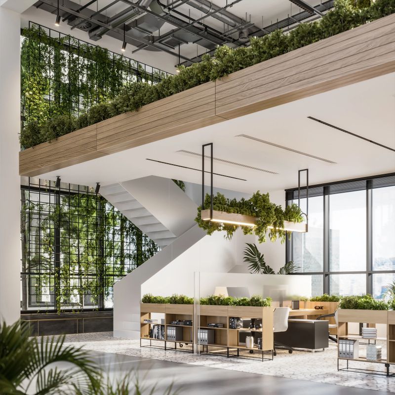 3D image of an environmentally friendly coworking office space. Open plan office interior with overhanging plants from the ceiling.