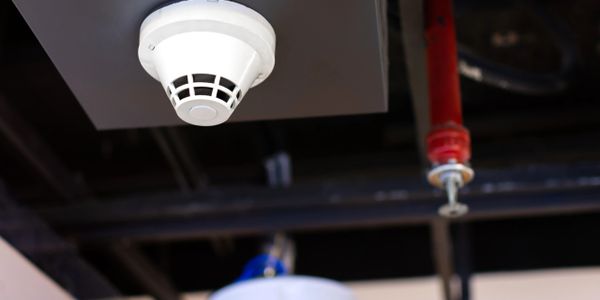 Ceiling-mounted smoke detector and fire sprinkler system in a building.