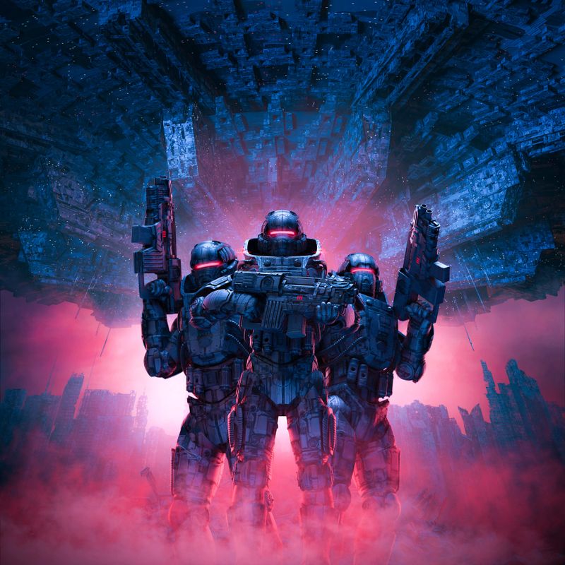 3D illustration of science fiction military robot warriorw standing amid rubble in war torn futuristic city with with giant space ship in the sky above