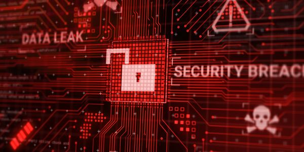 Red digital screen showing unlocked padlock with data breach warnings.