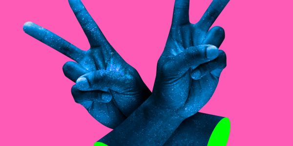Two blue hands showing peace signs with green cut-off sleeves on pink background.