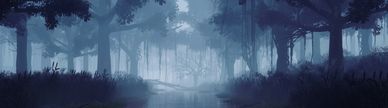 Mystical foggy forest surrounding a calm river at twilight.