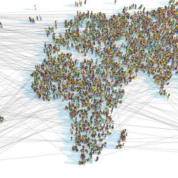 People forming a world map connected by network lines.