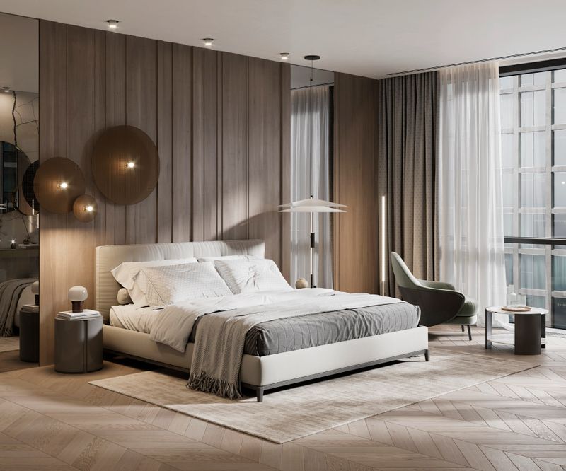 3D rendering of large bedroom in hotel suite. Computer generated image of a luxurious and elegant bedroom interior.