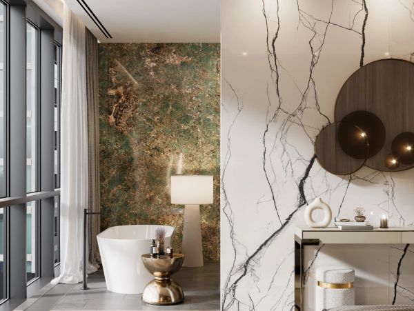 Modern bathroom with marble walls and stylish fixtures.