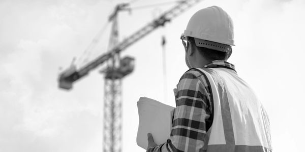 Engineer wearing hard hat and holding plans at construction site.