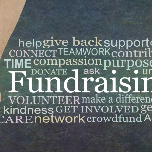 Word cloud centered on fundraising and volunteering themes.