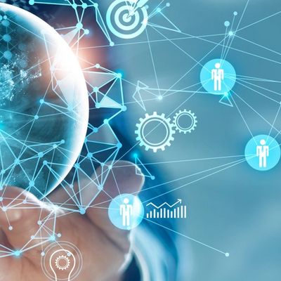 Blue futuristic overlay symbolizes AI-driven insights and secure human-data interaction.