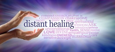 Hand reaching out with words about distant healing and compassion.