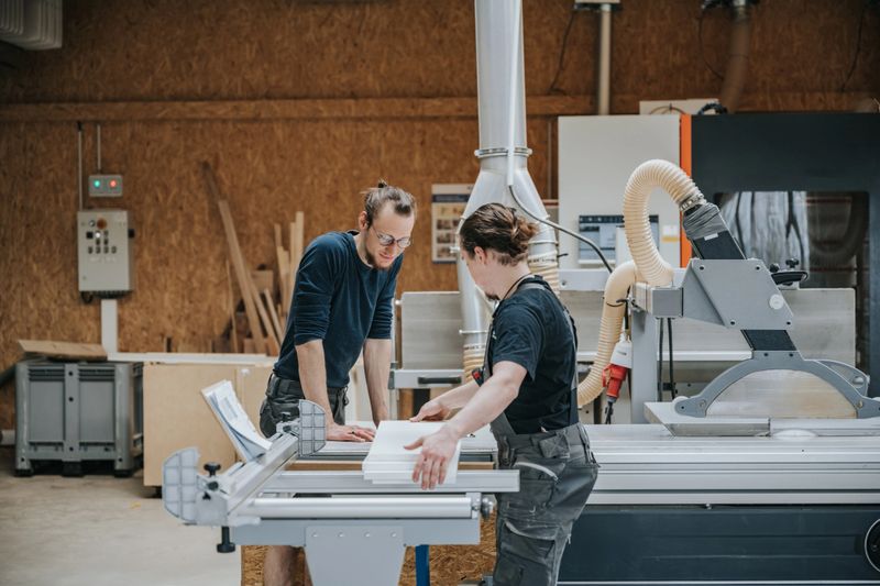 side view on two young carpenters standing together on circular saw machine in modern manufacturing hall