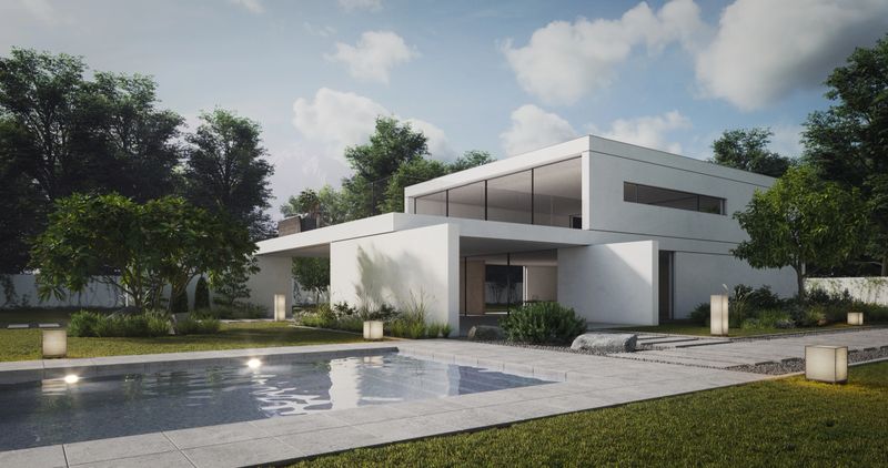 Digitally generated modern family villa with swimming pool.The scene was created in Autodesk® 3ds Max 2022 with V-Ray 5 and rendered with photorealistic shaders and lighting in Chaos® Vantage with some post-production added.