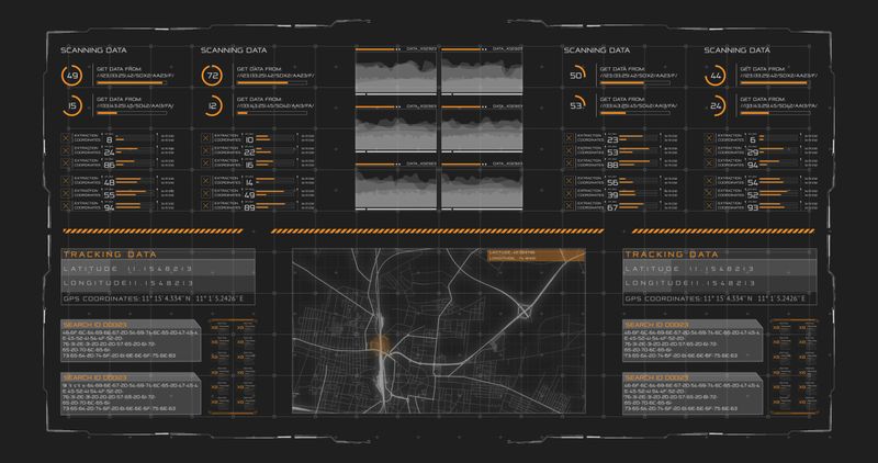 Computer futuristic digital software HUD interface with a satellite map display system consisting of several nodes: 1. A centralized system for displaying information from satellites on a computer screen or on a digital control panel (CPU) monitor. 2. Maps that show information about the desired object.