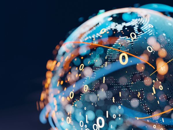 Digital globe with data streams and binary code highlights technology connections.