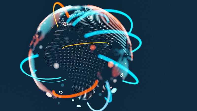 Earth represented by little dots and curved lines - big data, global business, cryptocurrency 3D render