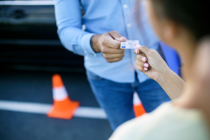 Young woman learning how to drive a car. About 20 years old, Caucasian female and a mid adult male driving instructor.