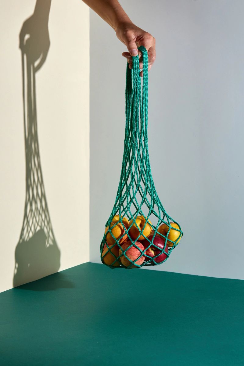 Still life of mesh shopping bag with organic eco vegetables and fruits on green background. Caring for the environment and the rejection of plastic concept