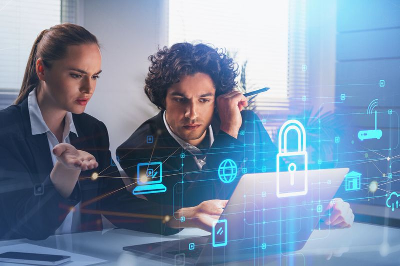 Two thoughtful business people with laptop, desktop at office interior, blue glowing information protection icons. Padlock and business data symbols. Concept of cyber security and data storage