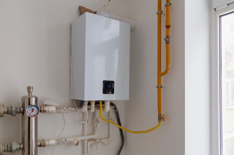 Modern gas boiler. Heating and hot water system in the house. Background with copy space.