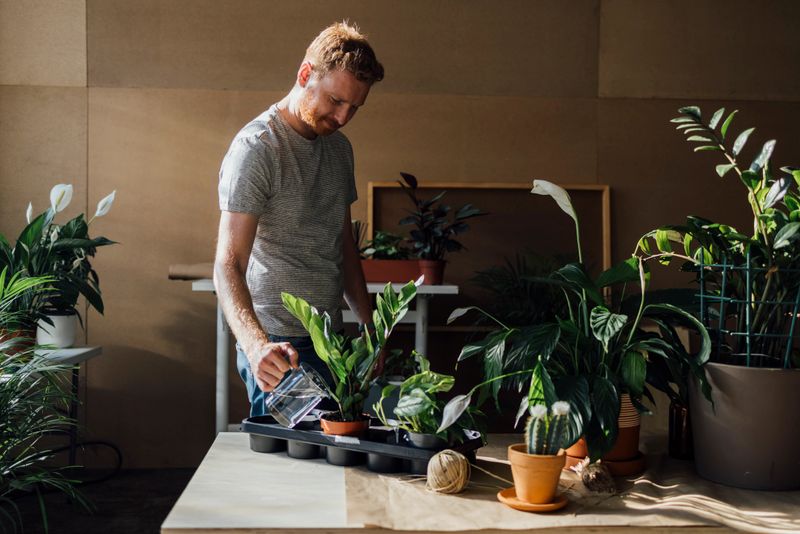 Smiling ginger man taking care of his plants on a desk at his flower shop