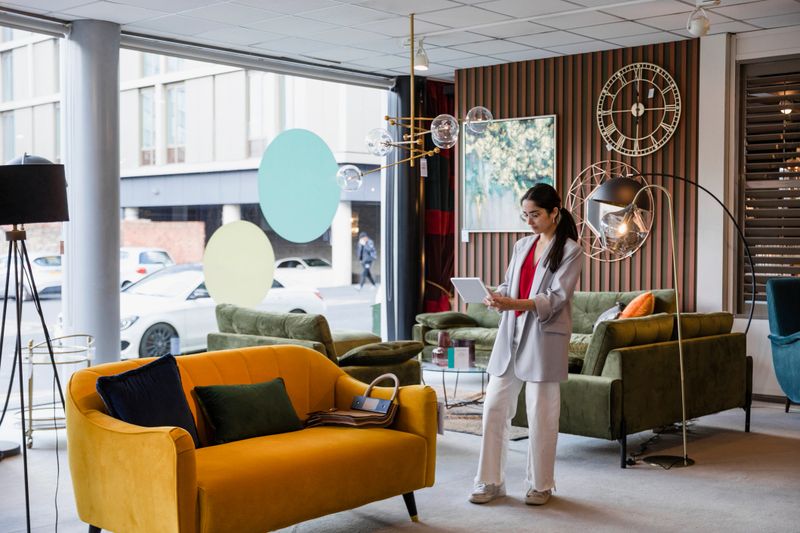 A store employee standing in the furniture store where she works, taking a picture of a sofa with a digital tablet, ready to post it online.