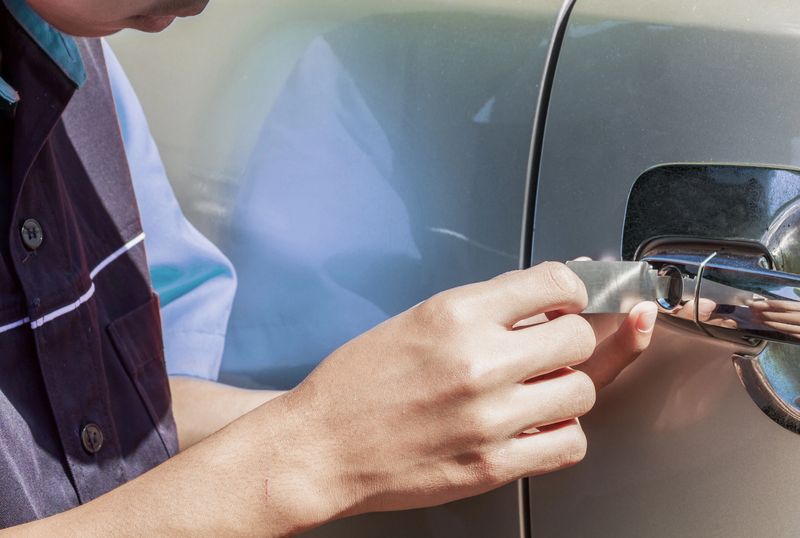 Close-up Of Person's Young Man Locksmith Hand Opening Bronze Car Door With Lock picker. Locksmith door opening device.