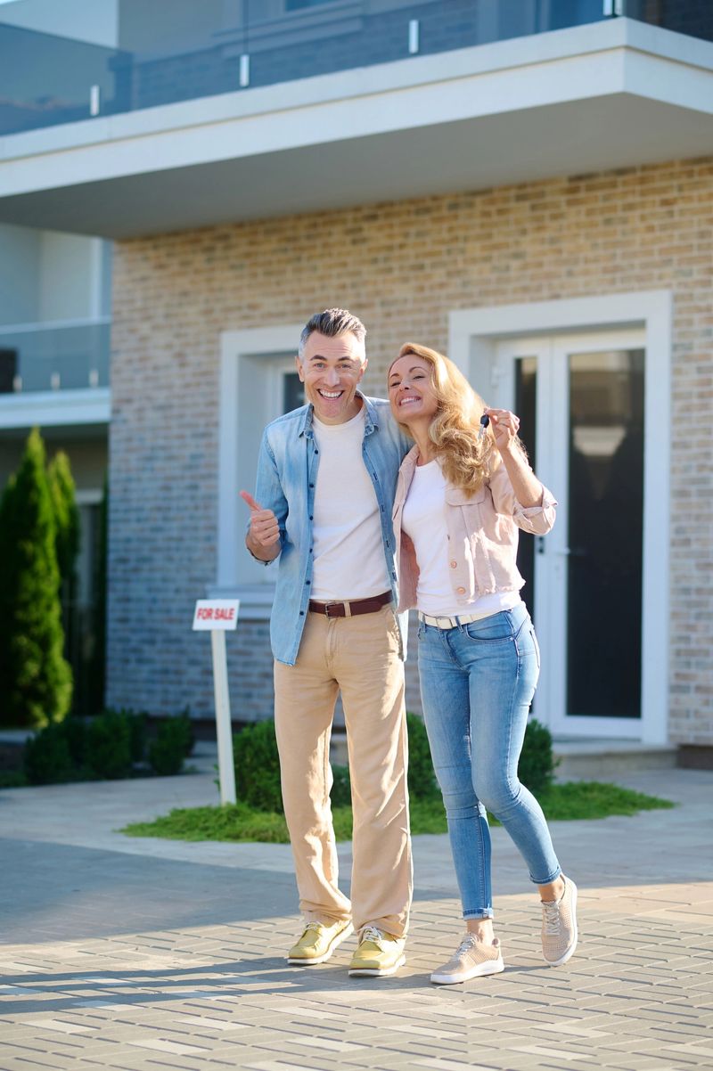Good news. Young adult smiling man showing ok sign and woman with keys standing near new house on sunny day