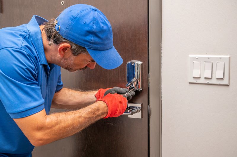A locksmith using a screwdriver on a deadbolt lock
