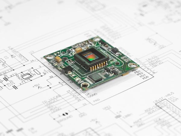 Close-up of an electronic circuit board on a technical schematic.