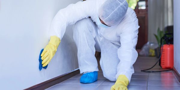 Person cleaning a floor and wall in protective gear.