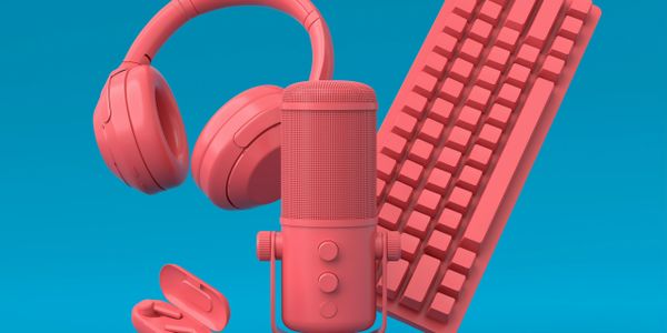 Coral-colored tech gadgets float against a vibrant blue background.