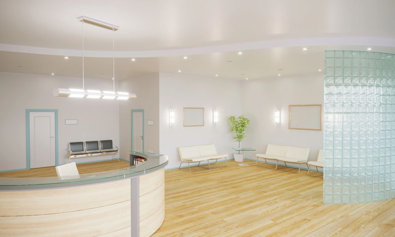 Waiting lobby interior with the waiting benchs outside the examination room or office. (3d render)
