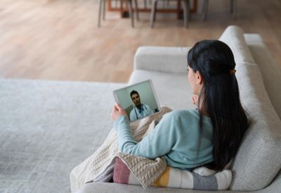 Woman video chatting with a doctor on a tablet at home.