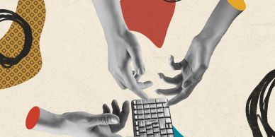 Disembodied hands interacting with a keyboard in a surreal collage with colorful abstract shapes.