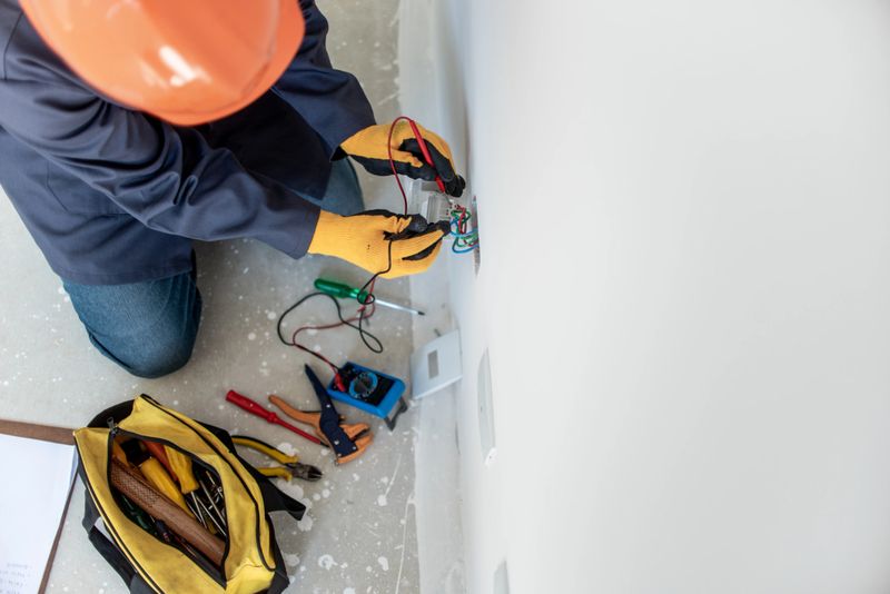 Man testing electricity with multimeter using safety equipment