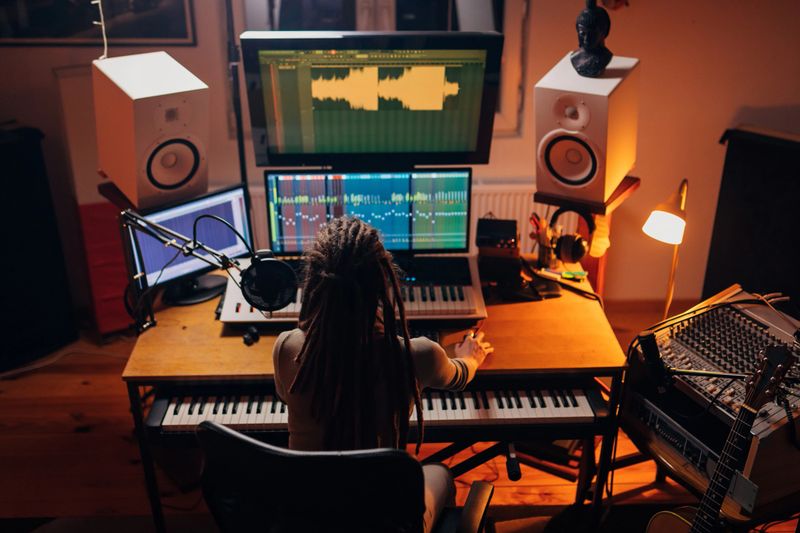 Modern young woman, a musician, and music producer doing post-production part from her modern music and record studio