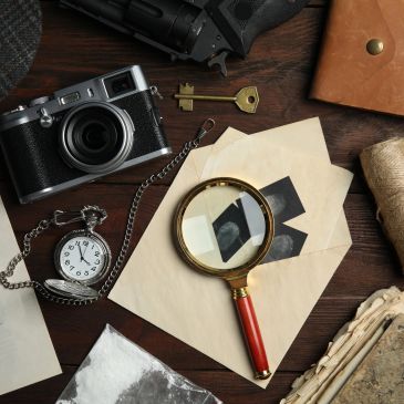 Magnifying glass and vintage detective items on a wooden table.
