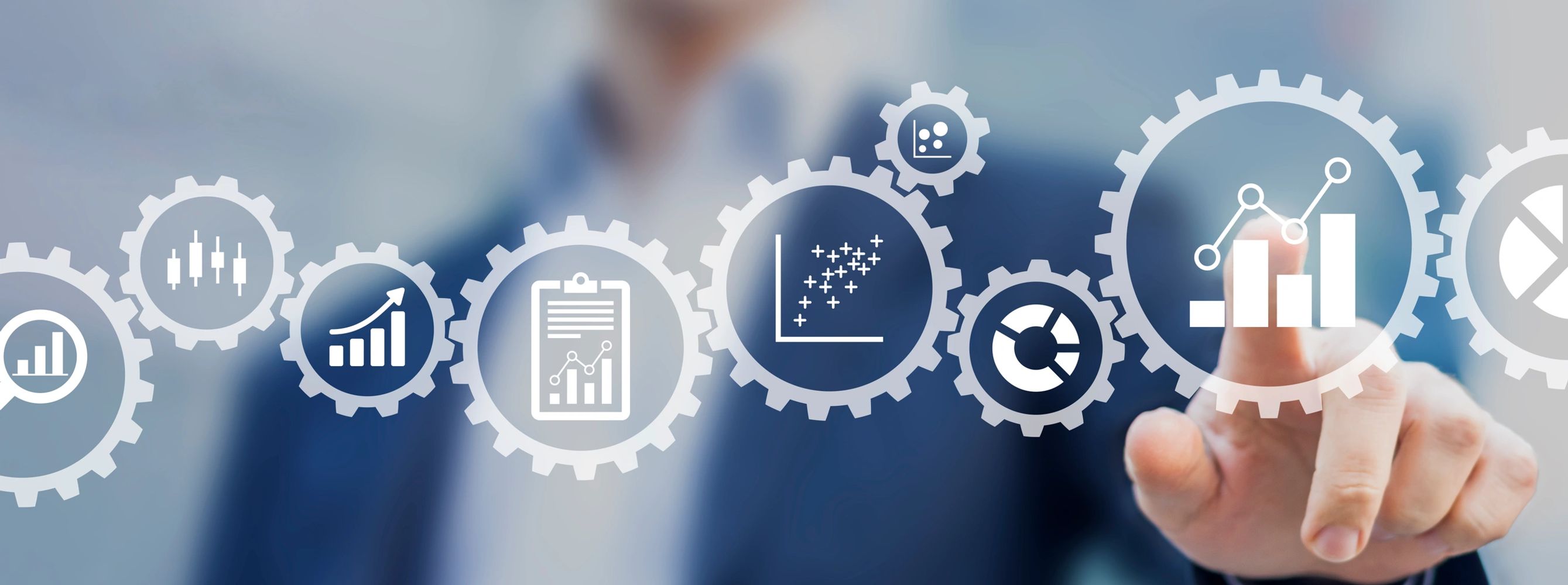 Business professional interacting with analytics and performance metric icons.