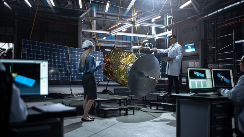 Team of Engineers Working on Satellite Construction. Aerospace Agency Spaceship Manufacturing Factory: Diverse Group of Multi-Ethnic Scientists Developing Spacecraft for International Space Program.