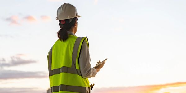Construction worker in a safety vest and helmet observing a sunset at a construction site.