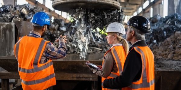Workers in safety gear inspecting a metal recycling plant, With a industrial magnet picking up shredded metal.