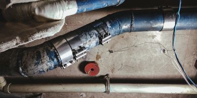 Old and patched plumbing pipes in a basement.