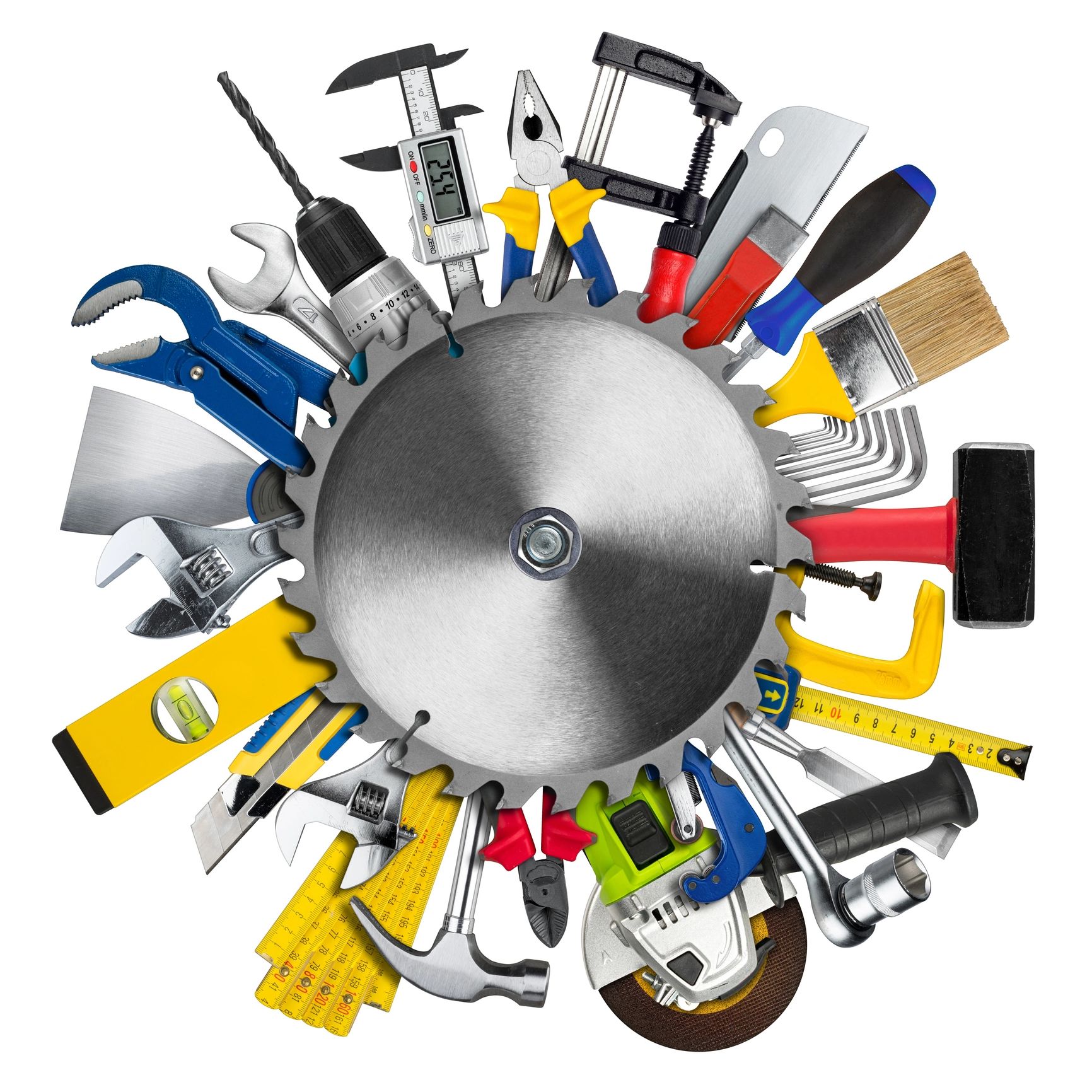 Circular saw blade surrounded by various hand and power tools.