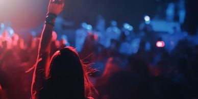 Person raising hand at a vibrant concert.