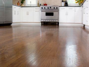 Clean wooden floor in a modern kitchen.