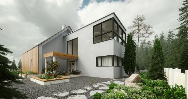 Digitally generated modern suburbian family house/villa with nine interiors (living room, dining room, kitchen, pantry, anteroom, office, terrace, bedroom, wardrobe and bathroom) and a terrace.The scene was created in Autodesk® 3ds Max 2022 with V-Ray 5 and rendered with photorealistic shaders and lighting in Chaos® Vantage with some post-production added.