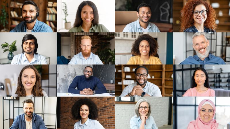 Crowded video screen with diverse multinational people on it. Video meeting online for office employees working remotely. Multiracial colleagues involved in online conference, video call. Hr data base