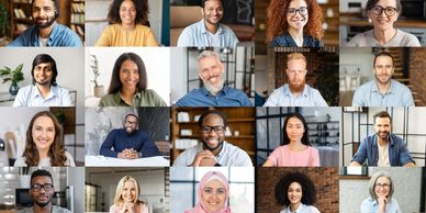 Collage of diverse smiling people in video call grid.