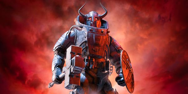 Futuristic warrior in heavy armor with horns and shield against fiery background.